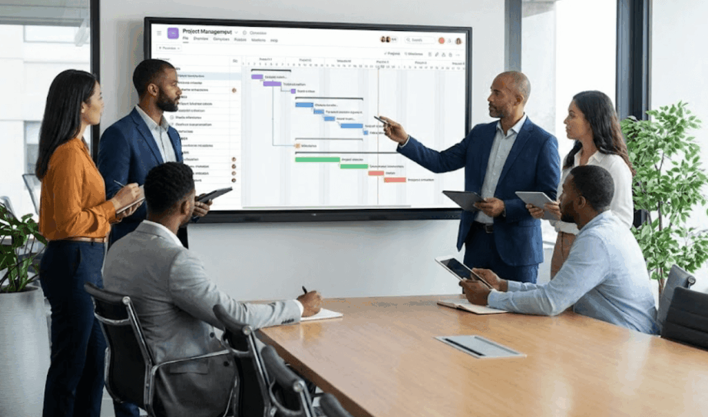 Equipe analisando cronograma e tarefas interdependentes em ferramenta de gerenciamento de projetos como a Asana.
