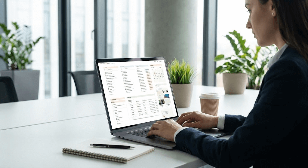 Dashboard organizado com documentos, tarefas e processos centralizados, representando o uso do Notion em equipes