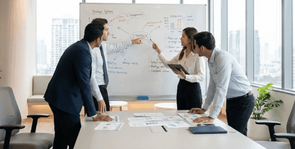 Equipe analisando critérios para escolher a melhor ferramenta de organização e gerenciamento.