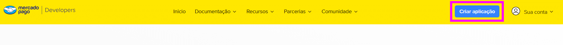 Barra superior do site Mercado Pago Developers destacando o botão “Criar aplicação” no canto direito da tela