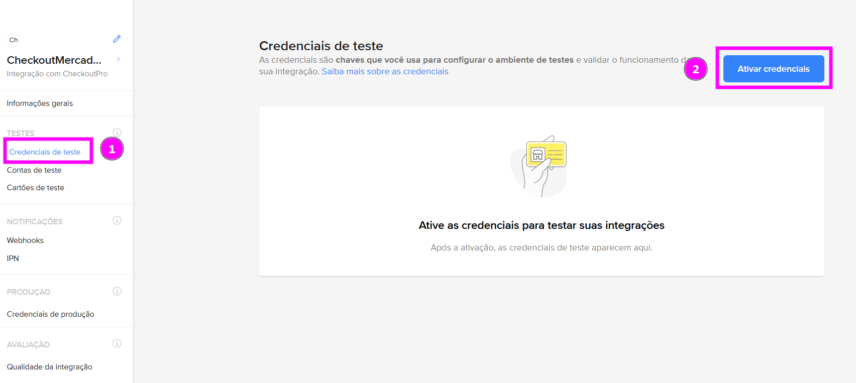 Painel do Mercado Pago na seção Credenciais de teste, com menu lateral destacando a opção Credenciais de teste e botão Ativar credenciais para habilitar o ambiente de testes da integração