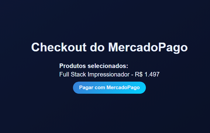 Tela de checkout do Mercado Pago exibindo o produto Full Stack Impressionador no valor de R$ 1.497 e botão para pagar com Mercado Pago