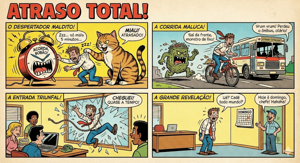 Tira em quadrinhos colorida intitulada “Atraso Total!”, mostrando um homem acordando atrasado com um despertador agressivo, correndo desesperado atrás do ônibus, chegando de forma caótica ao escritório e descobrindo no final que é domingo e não havia expediente