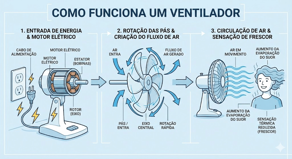 Infográfico explicativo mostrando como funciona um ventilador, com três etapas: entrada de energia e motor elétrico, rotação das pás gerando fluxo de ar e circulação do ar que provoca sensação de frescor ao aumentar a evaporação do suor