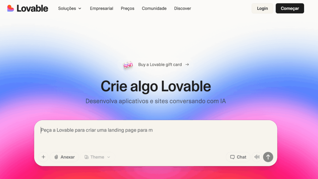 Página inicial da plataforma lovable