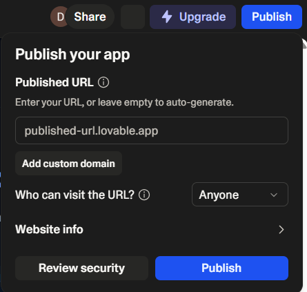 Opções e botão de publicação no Lovable