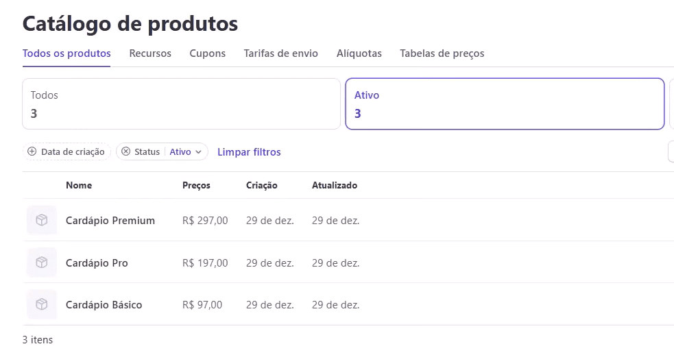 catálogo do Stripe