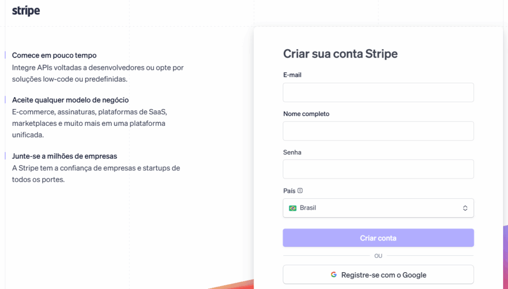 Configuração da conta no Stripe