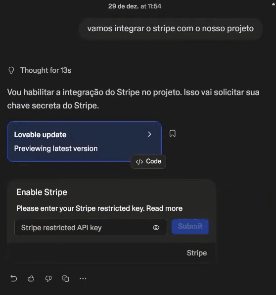 Inserção da chave secreta do stripe no lovable