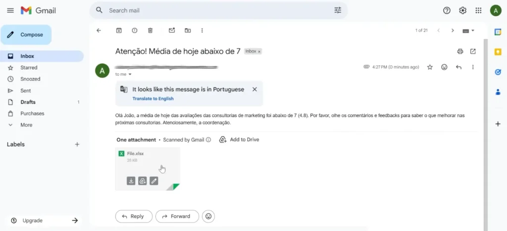 E-mail de alerta enviado pelo n8n