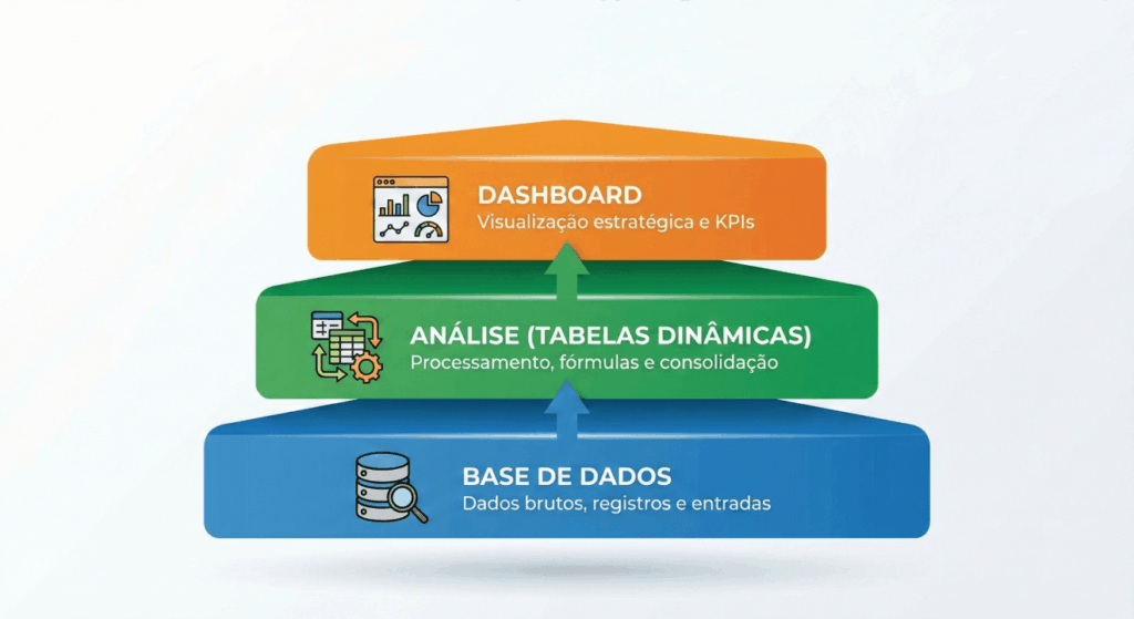 estrutura de planilha de gestão com base de dados, análise e dashboard