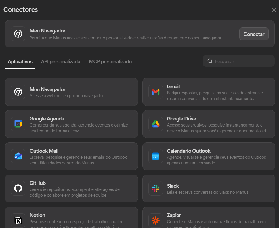 Tela de Conectores da Manus AI exibindo a lista de aplicativos disponíveis para integração, como Meu Navegador, Gmail, Google Agenda, Google Drive, Outlook Mail, Calendário Outlook, GitHub, Slack, Notion e Zapier, com opção de conectar cada serviço