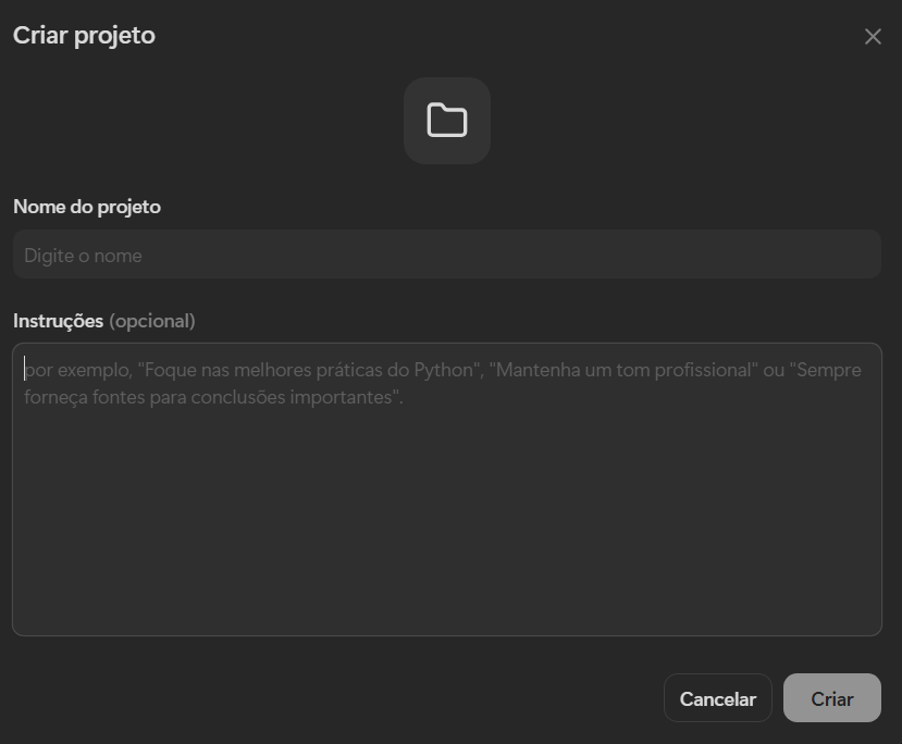 Modal com formulário para a criação de um projeto. A estrutura do formulário conta com dois campos: Nome e Instrução. Abaixo dos campos temos dois botões: Cancelar e Criar