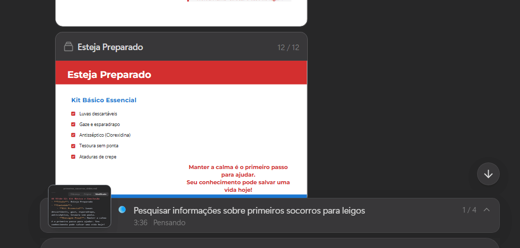 Tela do Manus AI executando a criação de slides sobre primeiros socorros