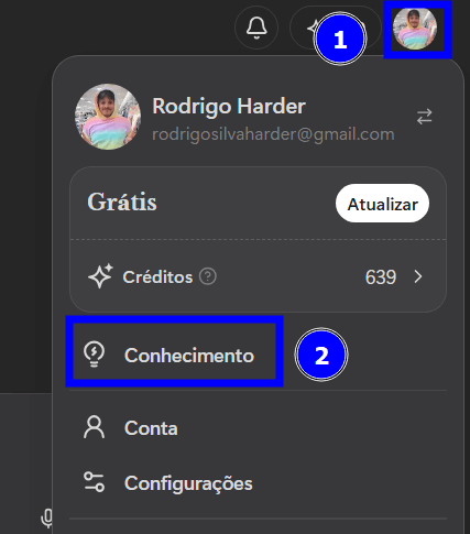 Menu de perfil da Manus AI aberto, exibindo o nome e e-mail do usuário, plano gratuito com saldo de créditos e as opções de navegação Conhecimento, Conta e Configurações, com destaque para a seção Conhecimento