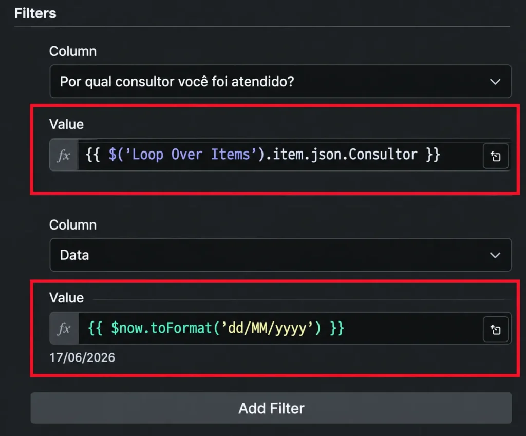 Nó Google Sheets no n8n com filtro por consultor e data dinâmica