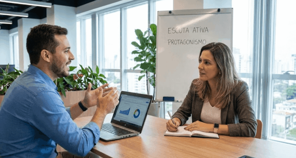 Colaborador conduzindo a conversa em reunião one on one com o líder