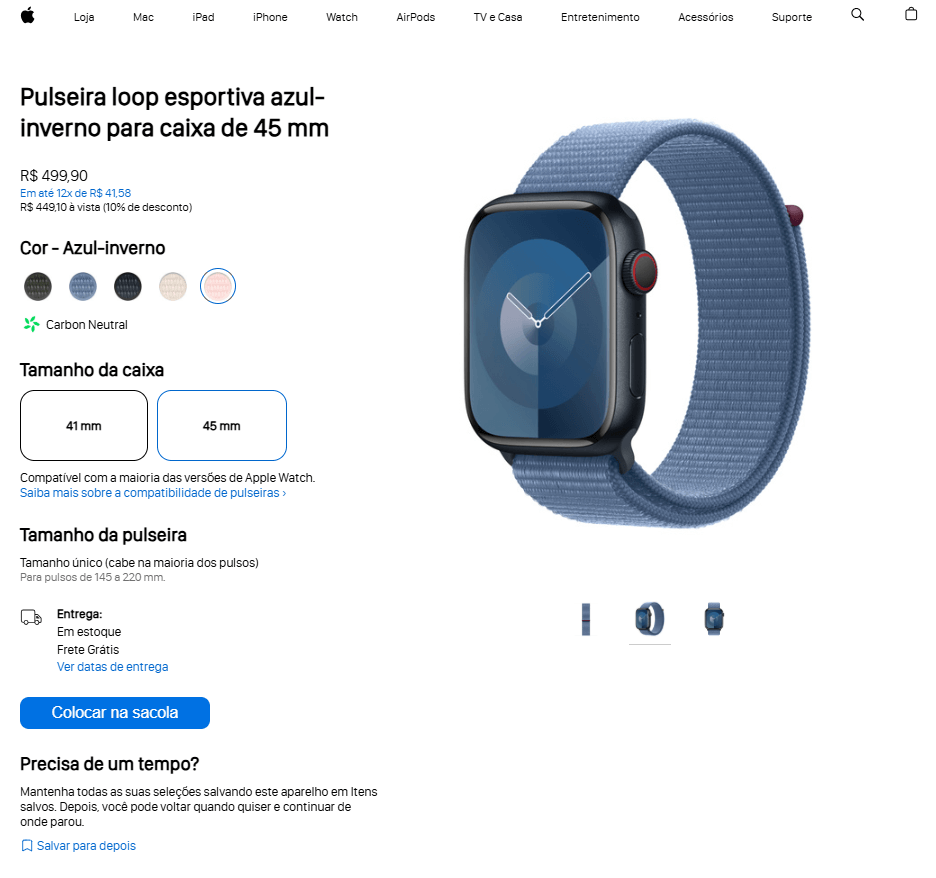 Página da Apple exibindo a pulseira Loop esportiva azul-inverno para Apple Watch de 45 mm, com imagem do relógio no pulso, opções de cor e tamanho da caixa, preço e botão “Colocar na sacola”
