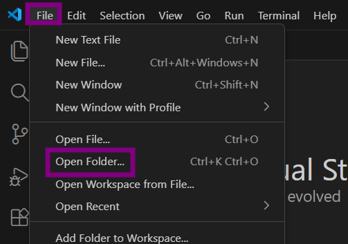 Menu “File” do Visual Studio Code aberto, com a opção “Open Folder…” destacada em roxo para indicar a ação de abrir uma pasta no editor