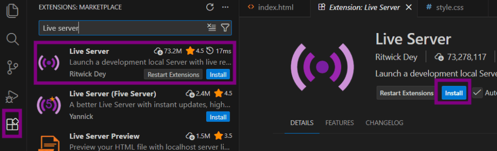 Tela do Visual Studio Code na aba Extensions Marketplace mostrando a busca pela extensão “Live Server”, com o botão “Install” destacado para instalar a extensão e executar um servidor local