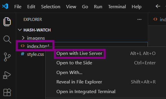 Explorador do Visual Studio Code com o arquivo “index.html” selecionado e o menu de contexto aberto, destacando a opção “Open with Live Server” para visualizar a página no navegador