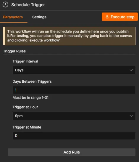 Schedule Trigger do n8n configurado para rodar todo dia às 21h