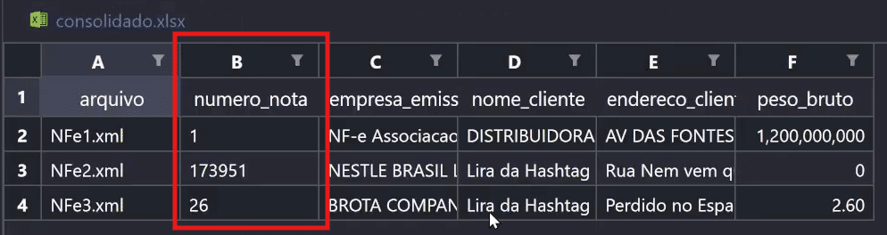 Arquivo excel gerado pelo código do Cursor com destaque da coluna com os números das notas