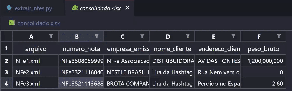 Arquivo excel gerado pelo código do Cursor após a correção