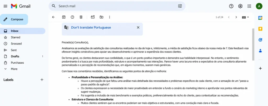 e-mail com feedback