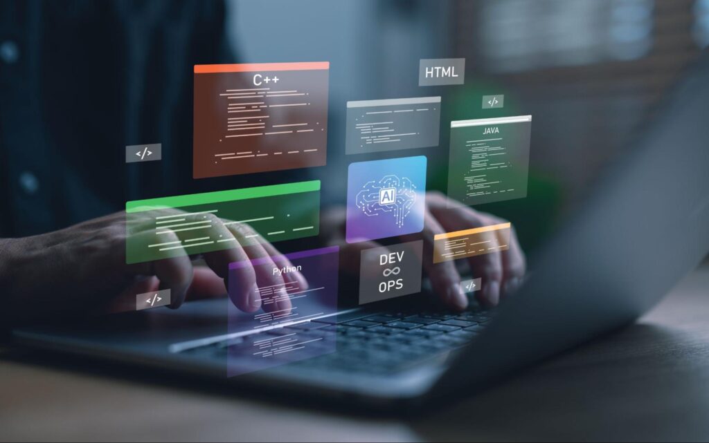 Mãos de homem digitando em teclado de notebook, com várias ilustrações digitais flutuando sobre a imagem, representando pesquisa sobre como escolher os melhores cursos de tecnologia.