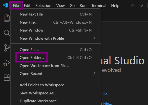 Menu “File” do Visual Studio Code aberto, com a opção “Open Folder…” destacada em roxo, indicando o caminho para abrir uma pasta no editor