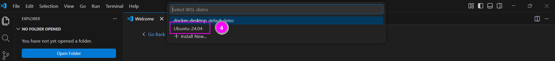 Menu suspenso do Visual Studio Code para selecionar a distribuição WSL, com a opção “Ubuntu-24.04” destacada para conexão