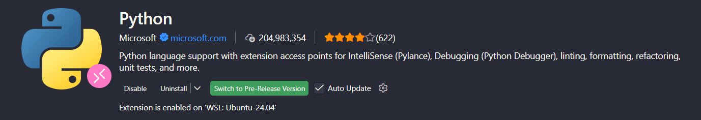 Captura de tela da extensão Python da Microsoft no marketplace do Visual Studio Code, mostrando o ícone do Python, descrição do suporte à linguagem, avaliação com estrelas, número de downloads e opções como desinstalar, atualizar automaticamente e alternar para versão prévia