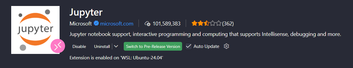 Captura de tela da extensão Jupyter da Microsoft no marketplace do Visual Studio Code, exibindo o ícone do Jupyter, descrição de suporte a notebooks interativos, avaliação com estrelas, número de downloads e opções como desinstalar, atualizar automaticamente e alternar para versão prévia