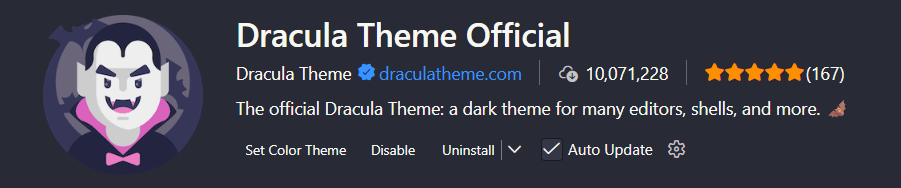 Captura de tela da extensão “Dracula Theme Official” no marketplace do Visual Studio Code, exibindo o ícone do tema, nome, descrição breve, avaliação com estrelas e número de downloads