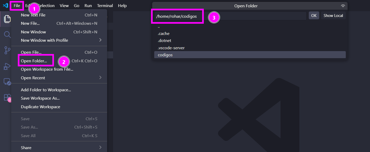 Captura de tela do Visual Studio Code mostrando o passo a passo para abrir uma pasta: menu File selecionado (1), opção Open Folder… destacada (2) e janela de seleção exibindo o caminho /home/rohar/codigos para confirmação (3)
