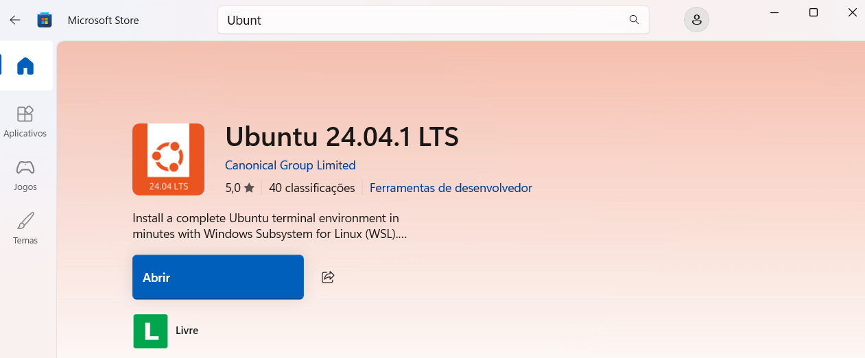 Tela da Microsoft Store exibindo a página do Ubuntu 24.04.1 LTS, da Canonical Group Limited, com botão azul “Abrir” indicando que o aplicativo já está instalado
