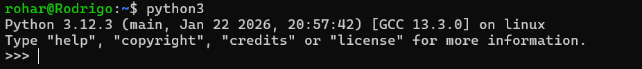 Tela do terminal Ubuntu mostrando a execução do comando python3, iniciando o interpretador interativo Python 3.12.3 no Linux e exibindo o prompt >>>