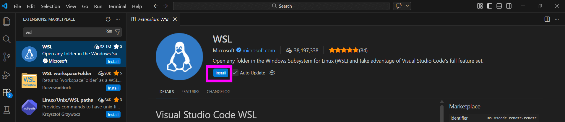 Tela do Visual Studio Code na aba Extensions exibindo a extensão WSL da Microsoft, com o botão azul “Install” destacado para instalação