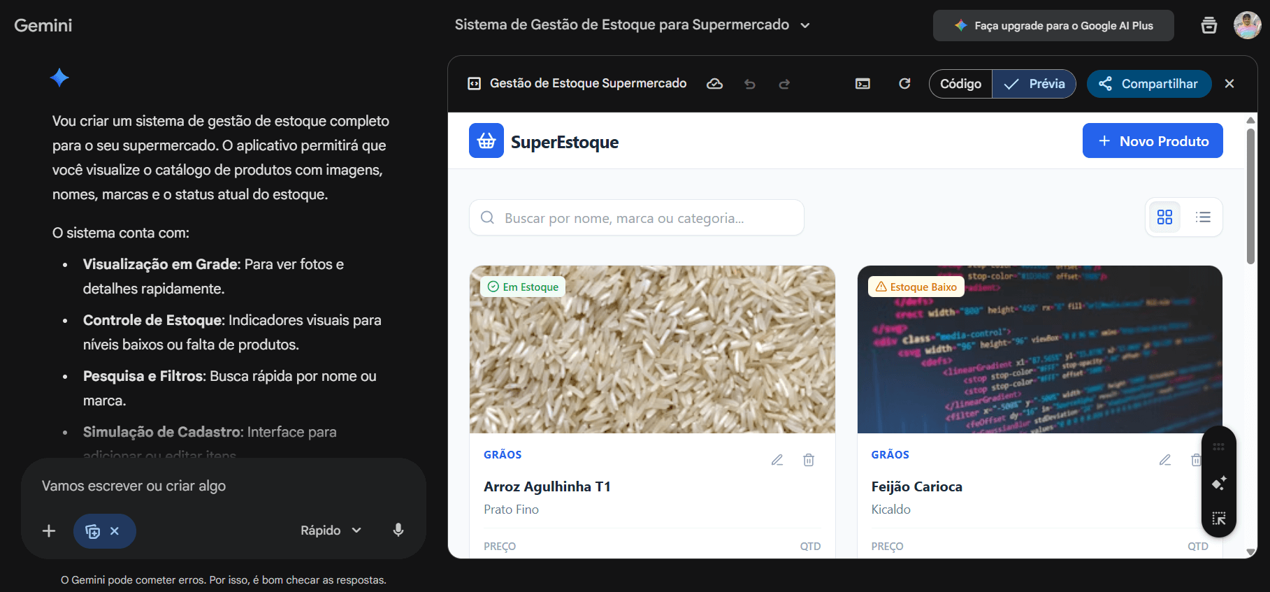 Captura de tela da interface do Gemini apresentando um sistema de gestão de estoque para supermercado, com painel explicativo à esquerda e, à direita, a aplicação “SuperEstoque” em visualização de produtos em grade, exibindo itens como arroz e feijão, status de estoque (“Em estoque” e “Estoque baixo”), campo de busca, botão “Novo Produto” e controles de visualização