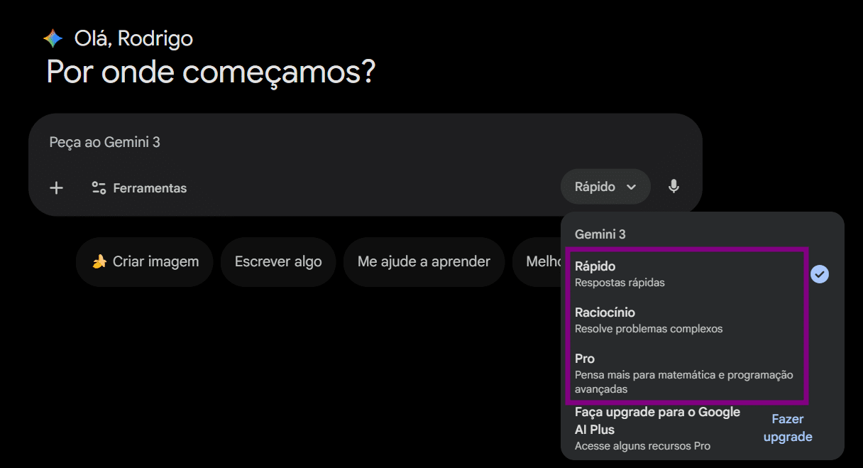 Interface inicial do Google Gemini em modo escuro com a saudação “Olá, Rodrigo” e a pergunta “Por onde começamos?”. Ao centro, campo de entrada “Peça ao Gemini 3” com opção de modo “Rápido”. À direita, menu suspenso aberto destacando os modos do Gemini 3: “Rápido” (selecionado), “Raciocínio” e “Pro”, com descrições de cada um e opção para fazer upgrade para o Google AI Plus