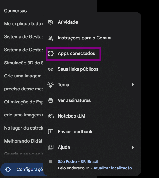 Menu de configurações do Gemini em tema escuro, com a opção ‘Apps conectados’ destacada por um retângulo roxo