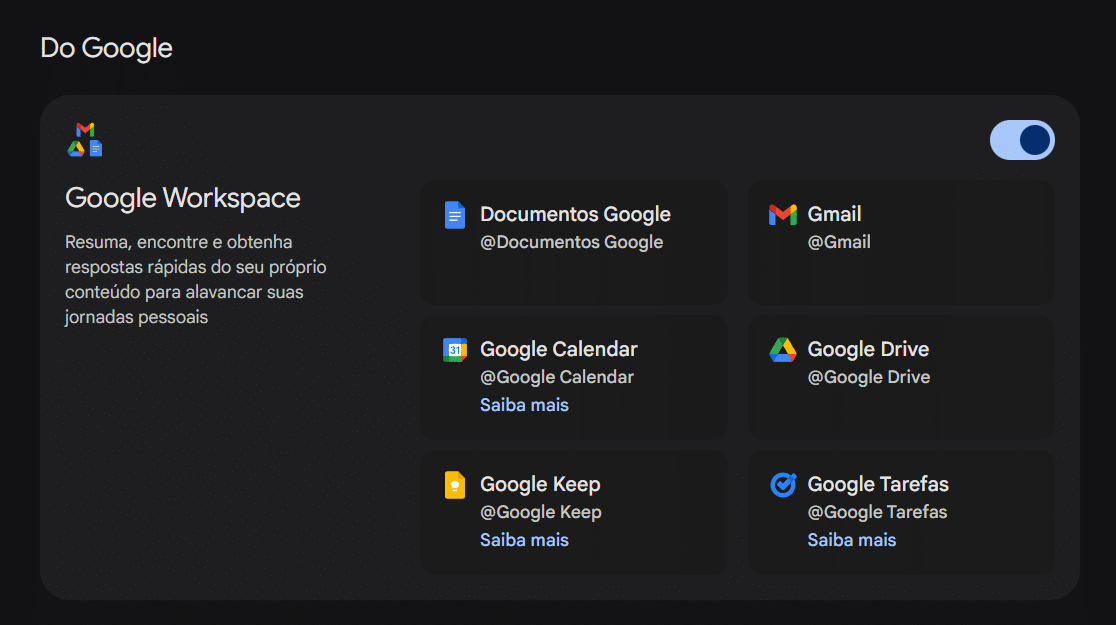 Tela de Apps conectados do Google Workspace em tema escuro, exibindo integrações como Documentos Google, Gmail, Google Calendar, Google Drive, Google Keep e Google Tarefas, com um botão de ativação no canto superior direito