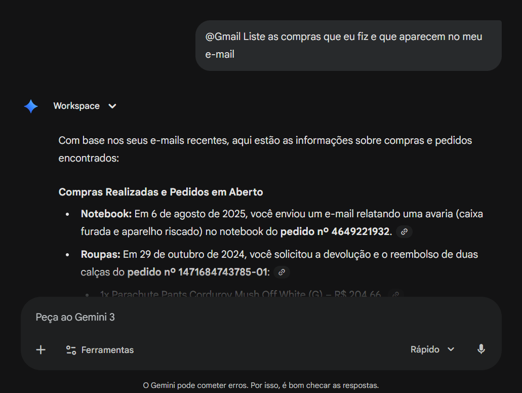 Interface do Gemini em tema escuro mostrando uma consulta ao Gmail para listar compras feitas por e-mail, com resposta exibindo compras realizadas e pedidos em aberto com datas e números de pedido