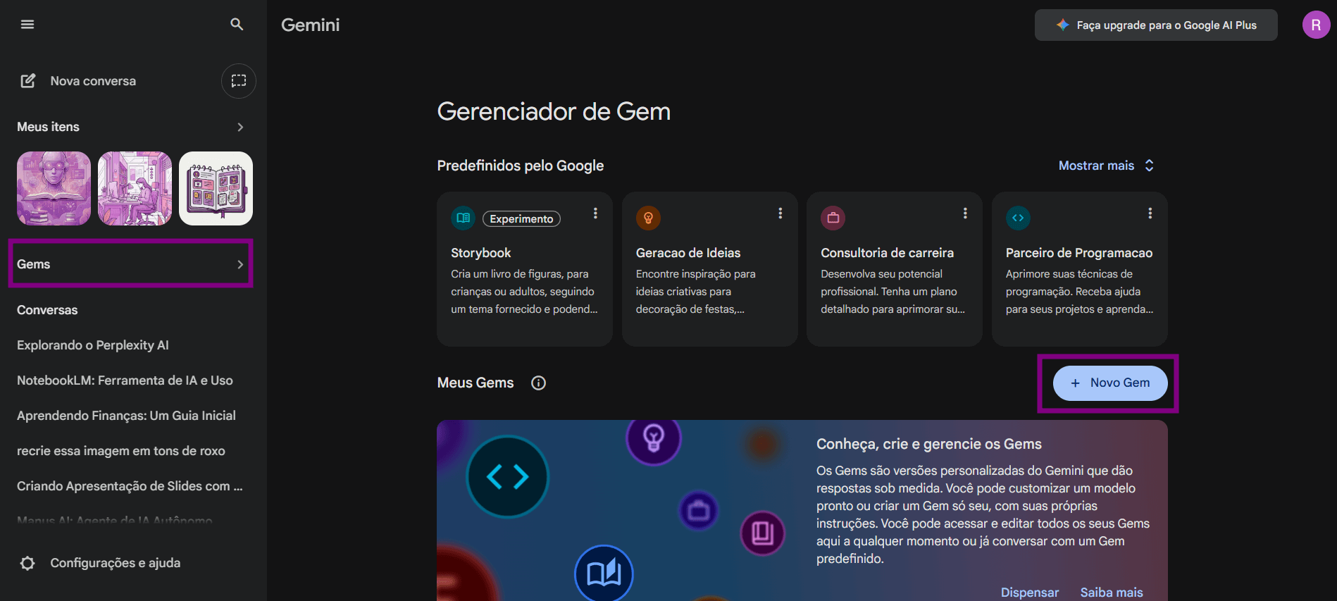 Tela do Gemini exibindo o Gerenciador de Gems, com a opção ‘Gems’ selecionada no menu lateral e o botão ‘Novo Gem’ destacado no canto inferior direito