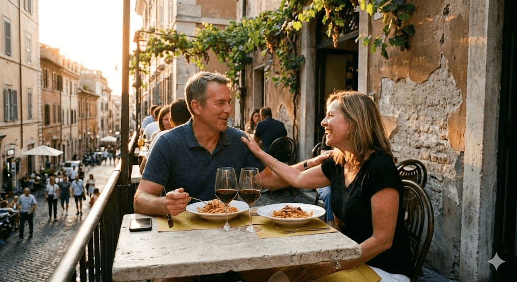 Casal sentado em uma mesa ao ar livre em um restaurante de rua, conversando e sorrindo enquanto compartilham um prato de massa e taças de vinho. Ao fundo, uma rua movimentada com pedestres e prédios históricos iluminados pela luz do fim de tarde