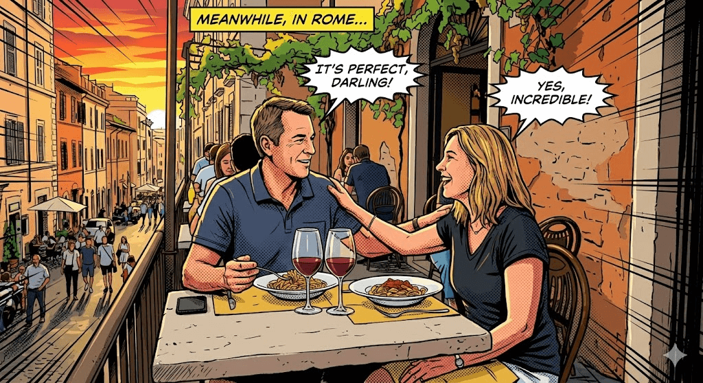 Ilustração em estilo de história em quadrinhos mostrando um casal jantando em um restaurante ao ar livre em Roma ao pôr do sol, com taças de vinho e pratos de massa sobre a mesa, rua italiana movimentada ao fundo e balões de fala com a frase “Meanwhile, in Rome…”, “It’s perfect, darling!” e “Yes, incredible!”
