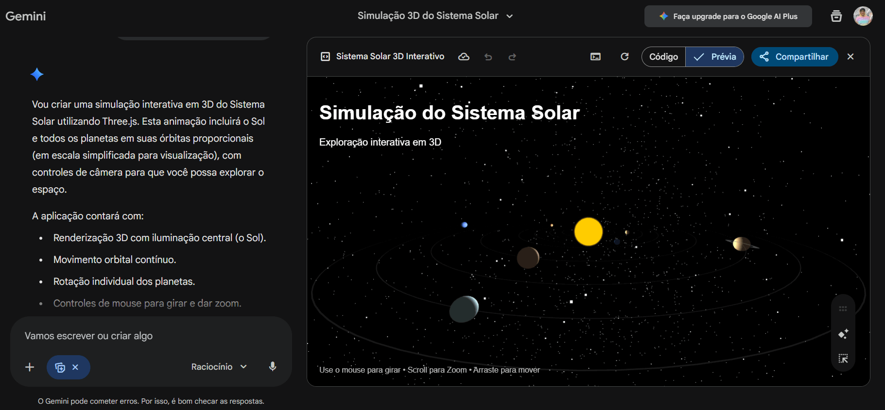 Captura de tela da interface do Gemini exibindo uma simulação 3D interativa do Sistema Solar, com o Sol ao centro e planetas orbitando em escala simplificada, fundo estrelado, título “Simulação do Sistema Solar”, descrição de exploração em 3D e painel lateral explicando recursos como renderização 3D, movimento orbital, rotação dos planetas e controles de câmera