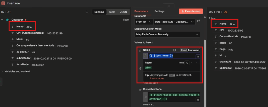 nó Data Tables no n8n configurando insert row