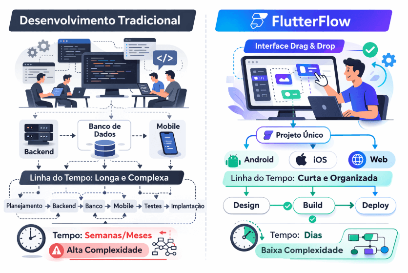 Comparação visual entre desenvolvimento tradicional e FlutterFlow, mostrando tempo e complexidade.